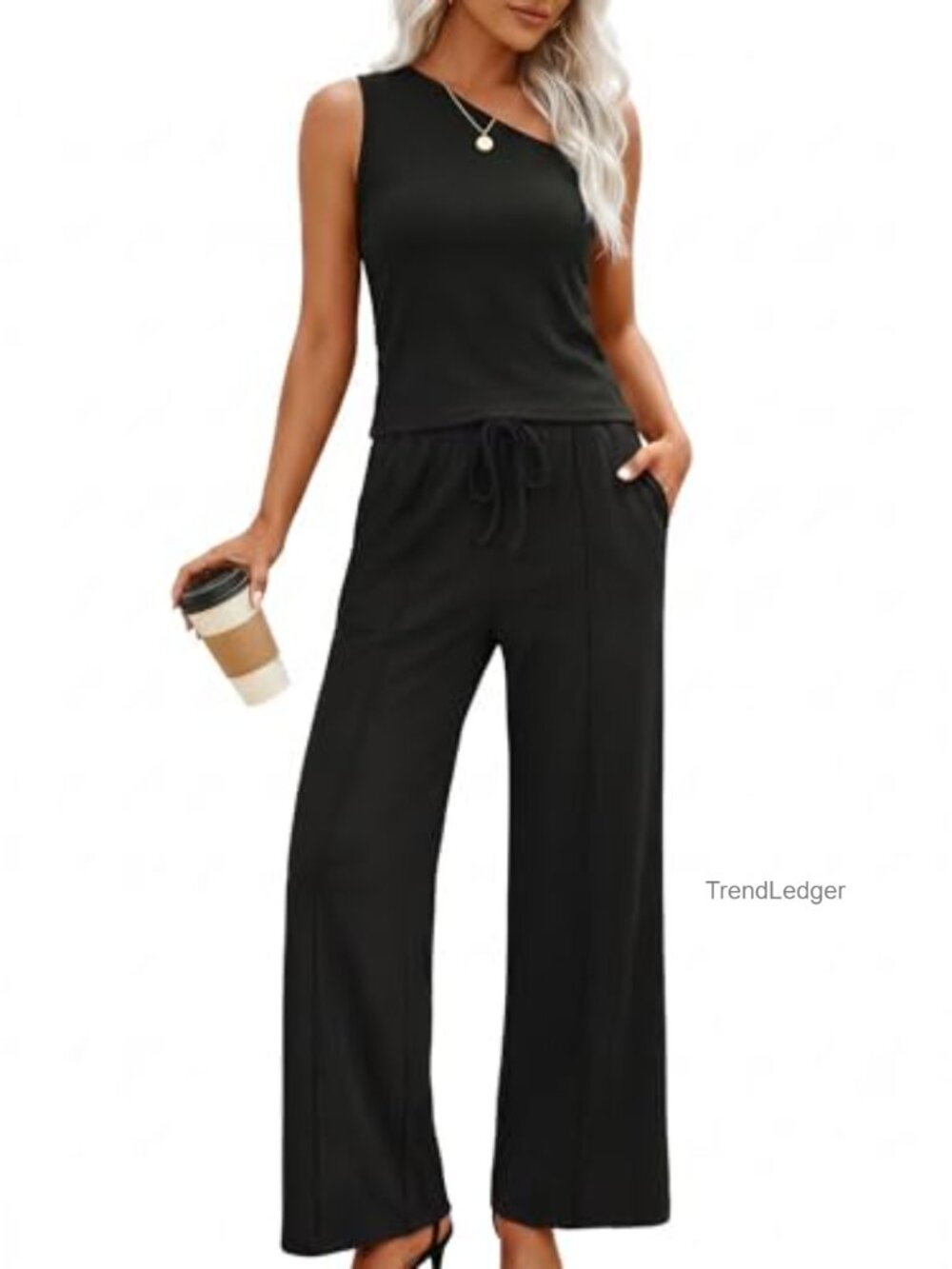 Women's 2 Piece Ribbed Knit Lounge Set One Shoulder Top Wide Leg Pants Summer